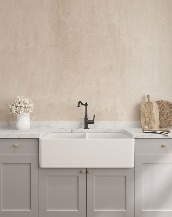 Turner Hastings Novi 85 x 46 Fine Fireclay Matte White Farmhouse Butler Sink With Overflow