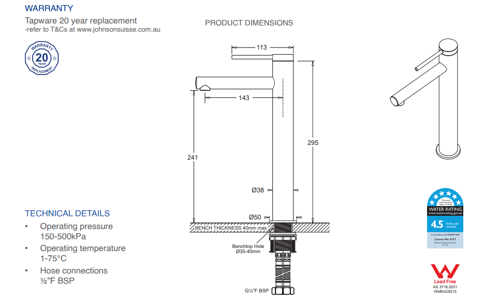 Johnson Suisse Venezia Extended Basin Mixer Lead Free