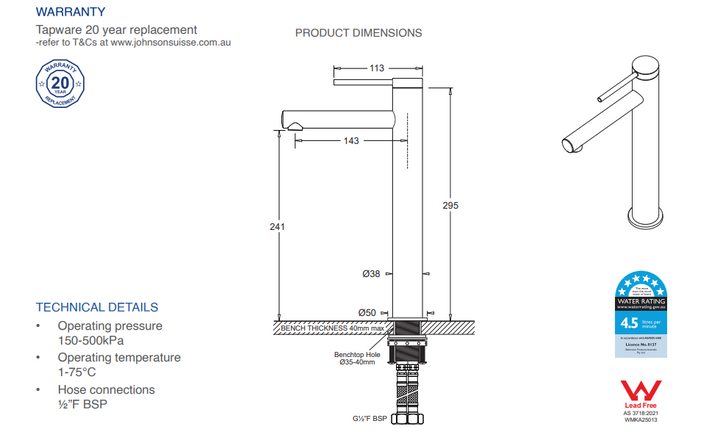 Johnson Suisse Venezia Extended Basin Mixer Lead Free