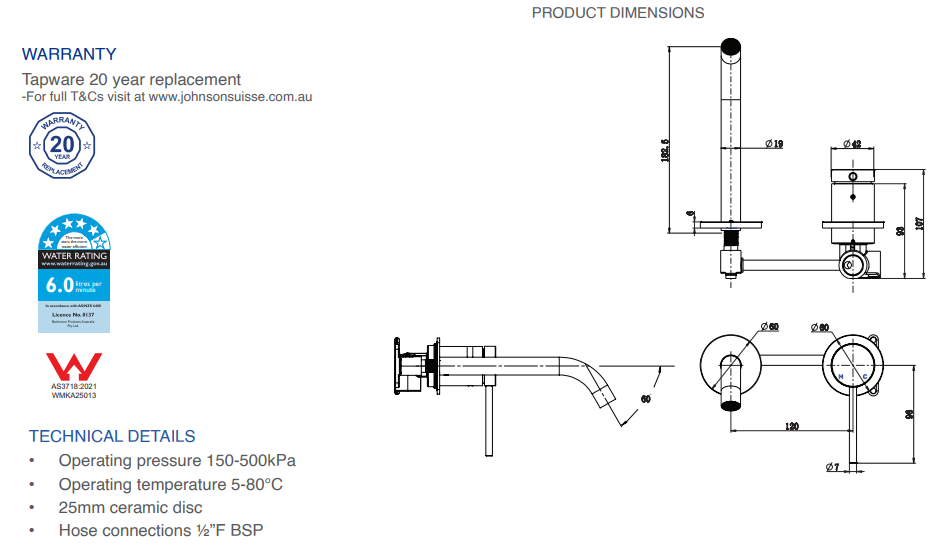 Johnson Suisse Venezia Wall Basin & Bath Mixer Kit Complete Lead Free
