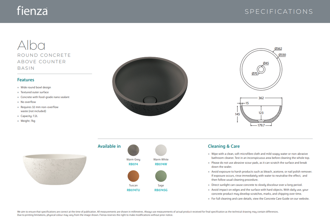 Fienza Alba Round Concrete Above Counter Basin Tuscan