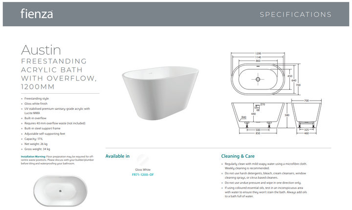 Fienza Austin Freestanding Acrylic Bath with Overflow 1200mm
