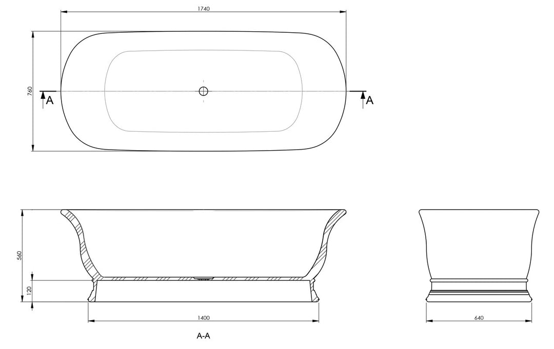 Technical drawing of a freestanding bathtub with dimensions