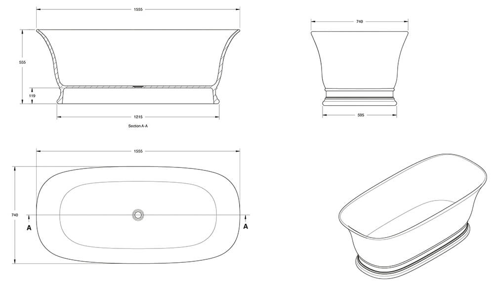 Technical drawing of a freestanding bathtub with dimensions