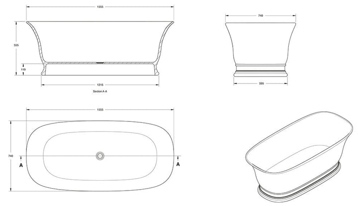Technical drawing of a freestanding bathtub with dimensions