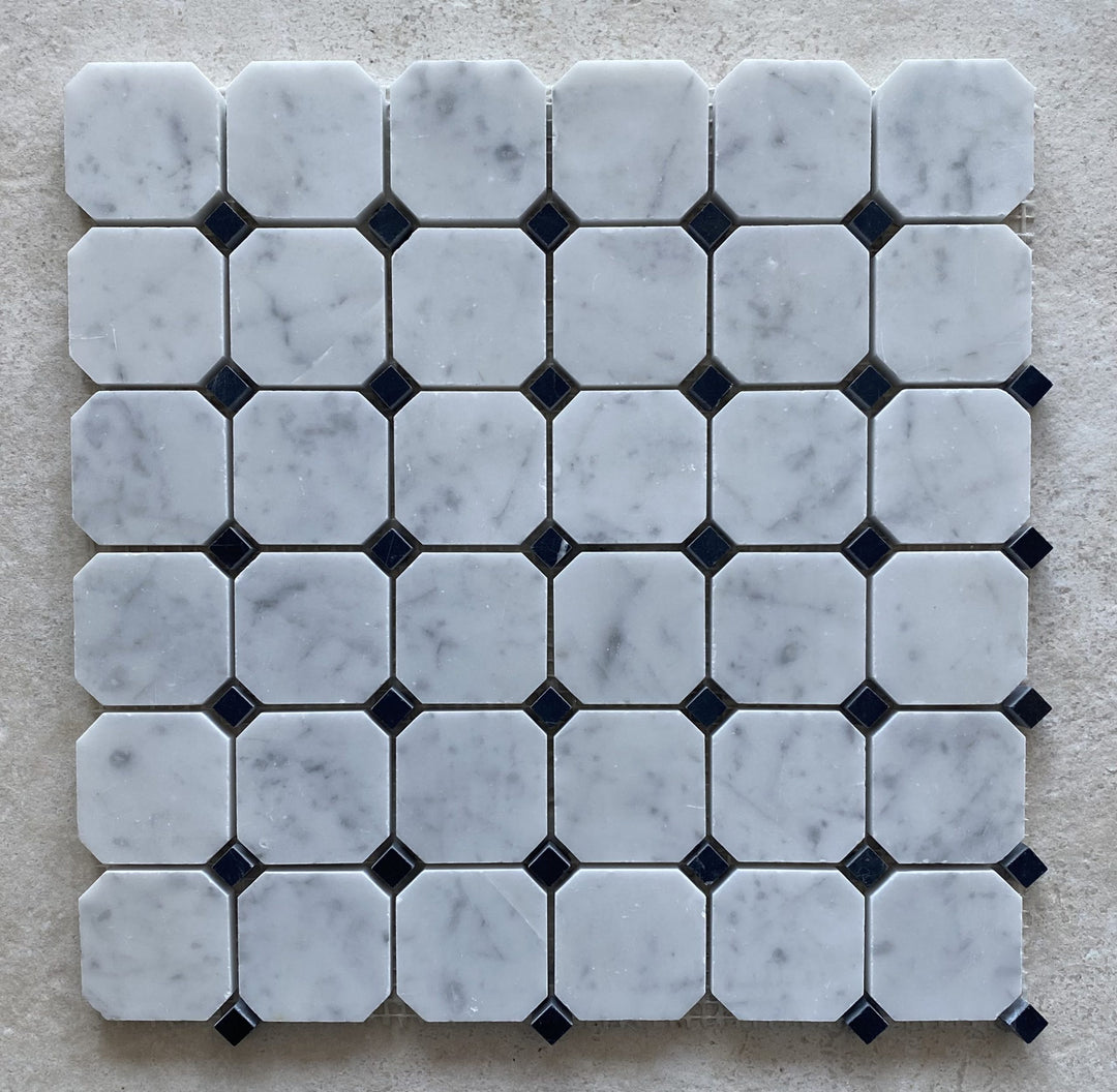 Carrara Octagon with Nero Marquina Dot Honed