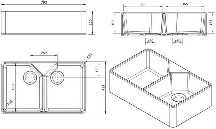 Turner Hastings Chester Double Flat Front Fine Fireclay Farmhouse Butler Sink Collection