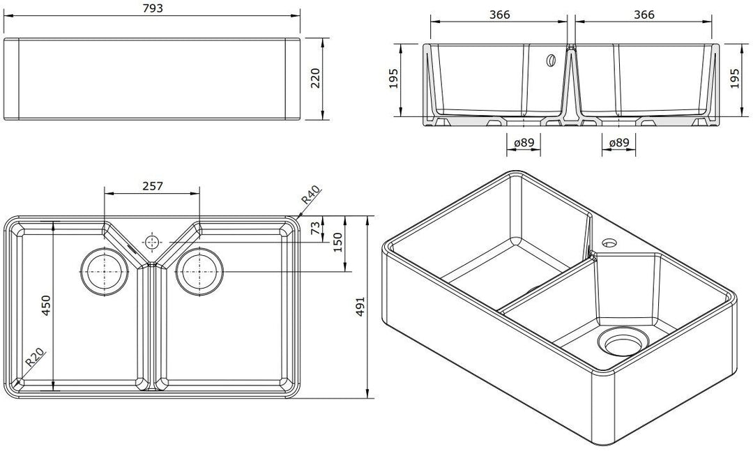 Turner Hastings Chester Double Flat Front Fine Fireclay Farmhouse Butler Sink Collection