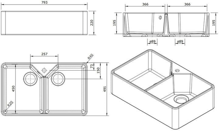 Turner Hastings Chester Double Flat Front Fine Fireclay Farmhouse Butler Sink Collection
