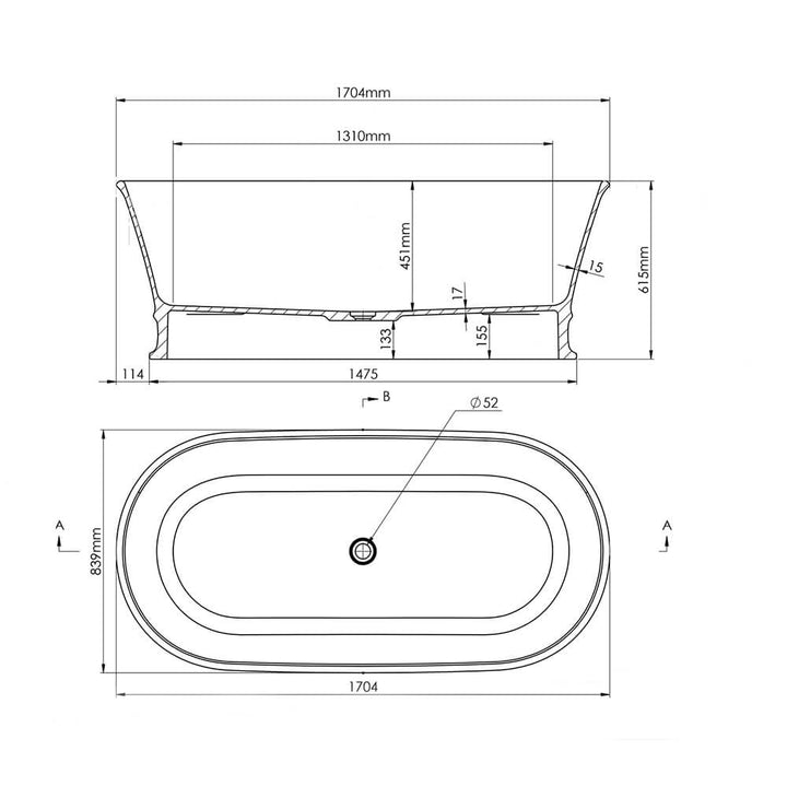 Technical drawing of a rectangular bathtub with dimensions labeled