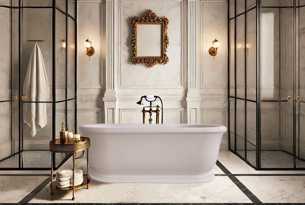 Luxurious bathroom with freestanding bathtub, ornate mirror, and decorative elements.