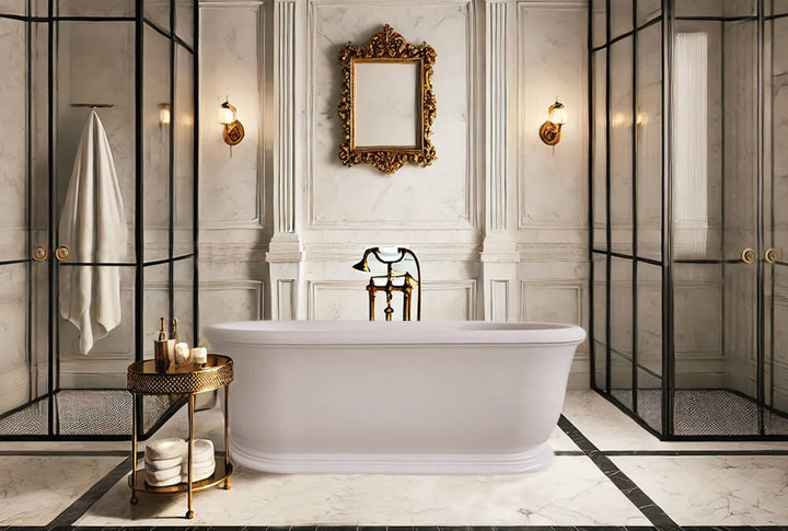 Luxurious bathroom with freestanding bathtub, ornate mirror, and decorative elements.