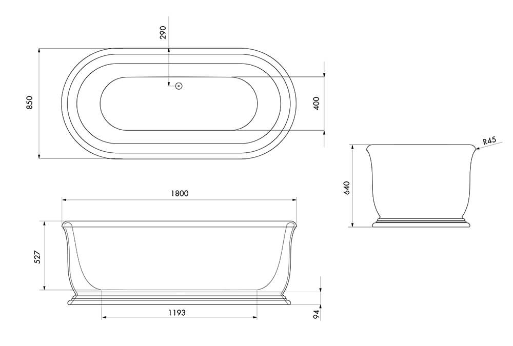 Technical drawing of a freestanding bathtub with dimensions