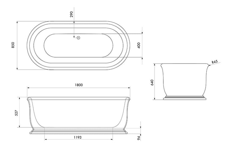 Technical drawing of a freestanding bathtub with dimensions