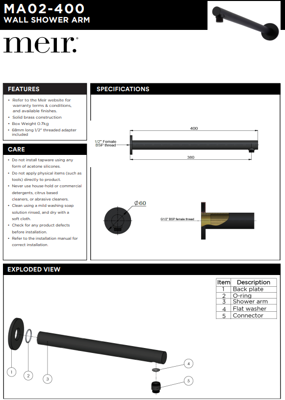 Meir Round Wall Shower Arm 400mm