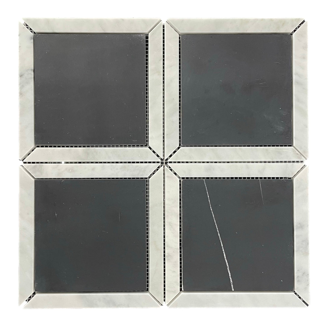 Nero Square + Carrara Border Honed Mosaic