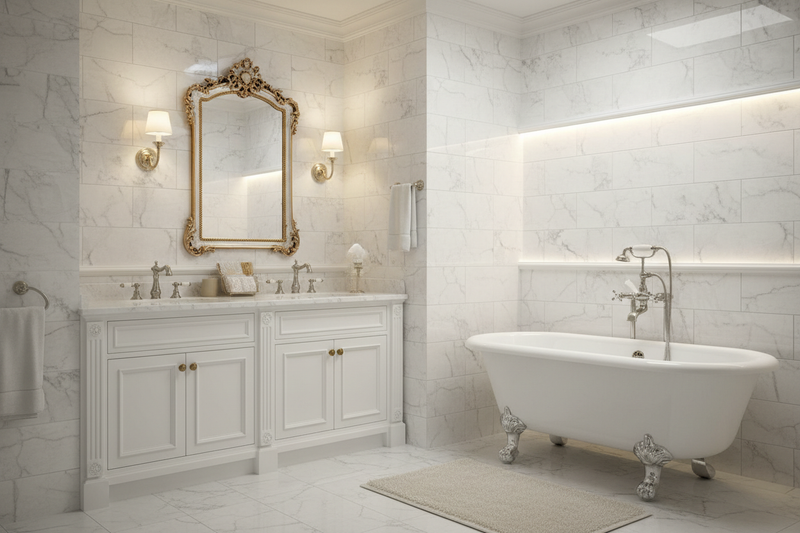 Italian 3D Crafted Calacatta Velvet White Porcelain Tiles in a Traditional Bathroom