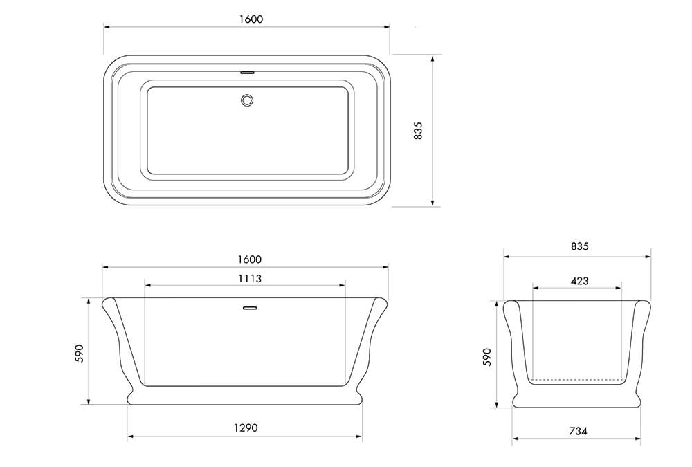 Technical drawing of a freestanding bathtub with dimensions