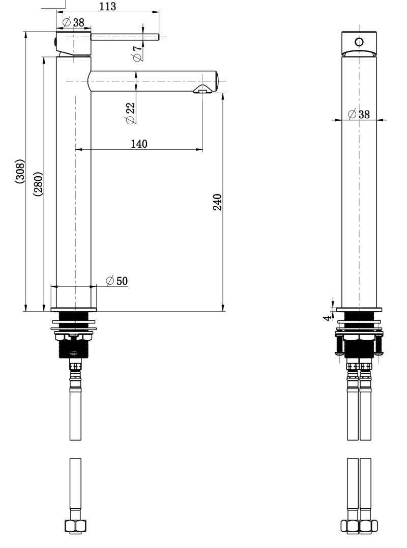 Technical drawing of a cylindrical component with dimensions