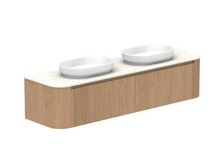 Bathroom vanity with two white sinks on a light wood finish