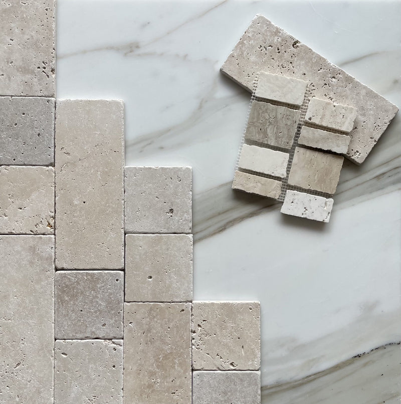 Travertine effect Italian porcelain slab sample with warm earthy tones