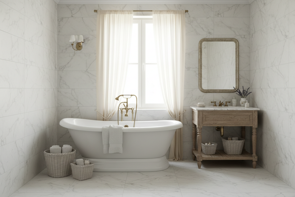 Use the Euromarmo Carrara Venatino Porcelain Tile in a Provincial Bathroom